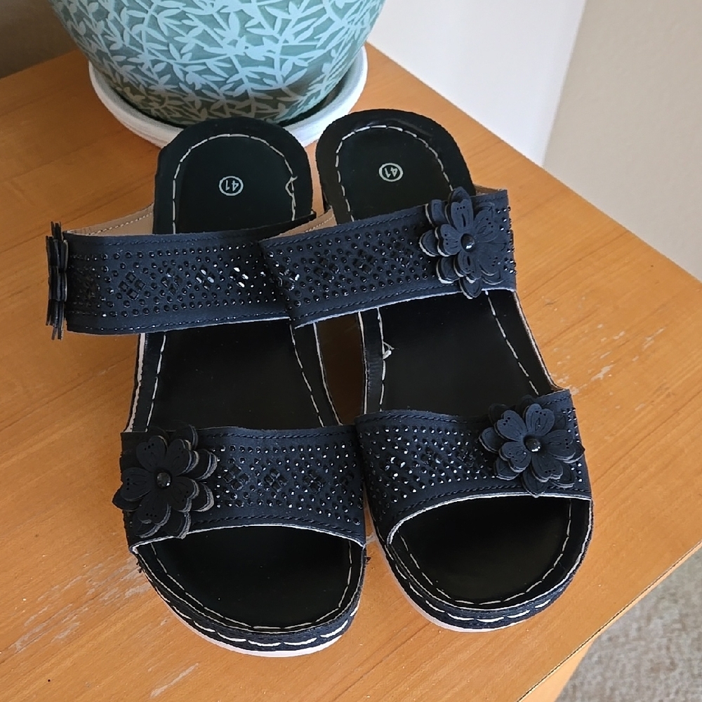 Black Slip-On Sandals with Embossed Straps